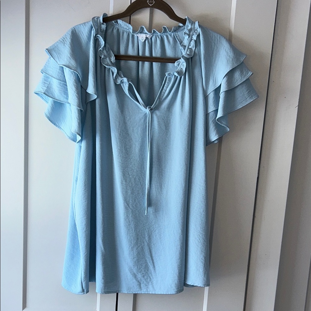 Cynthia Rowley Light Blue Ruffle Sleeve Blouse